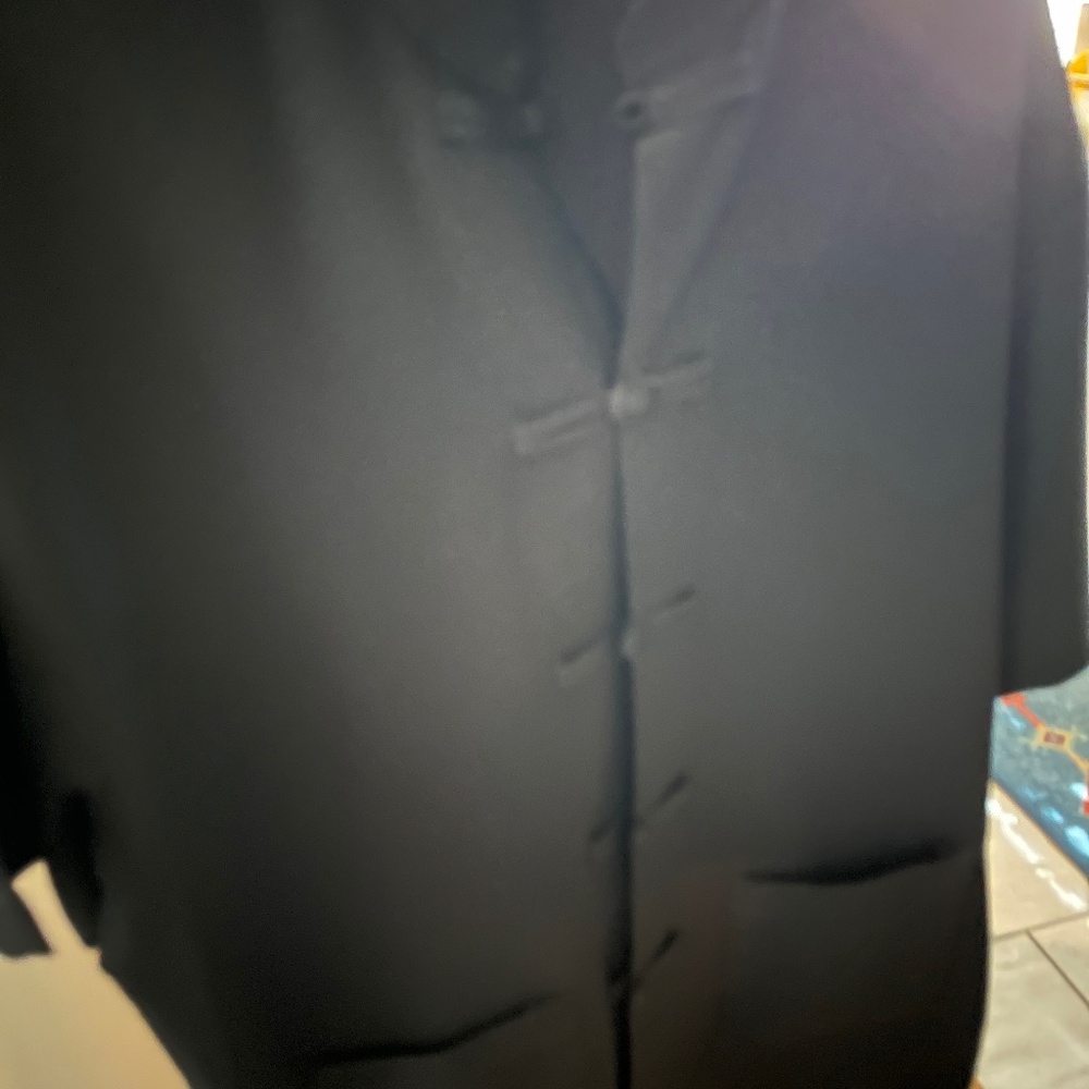 Lovely, black mandarin collared top with "frog" closures made in Vietnam, XL